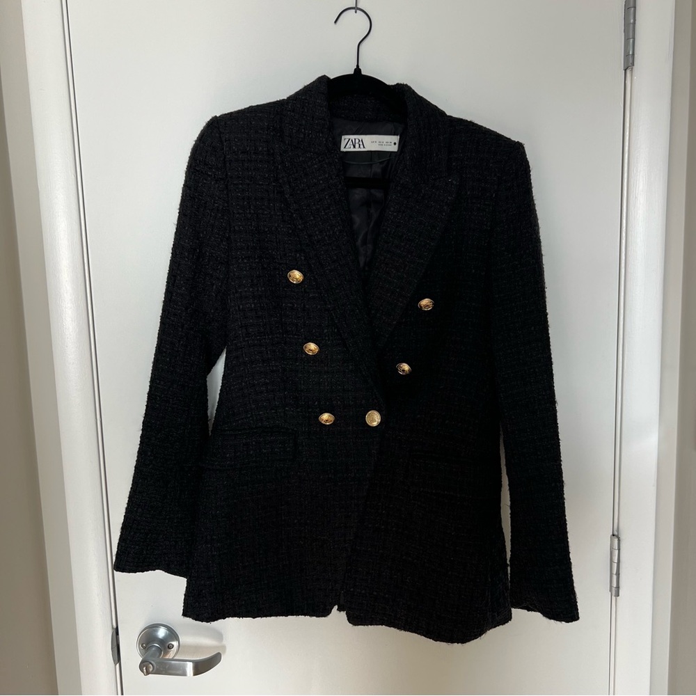 Zara black tweed blazer with gold buttons